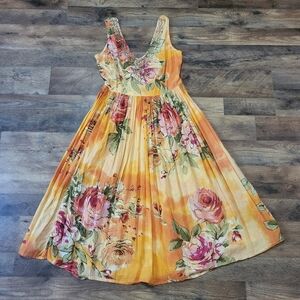 Vintage 90's Lola P. Orange Floral Pleated Beaded 100% Cotton Midi Dress Size SM